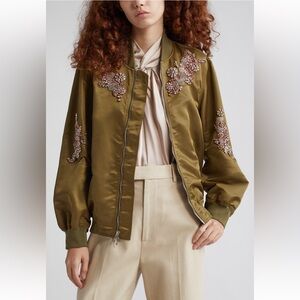 NWT Cinq à Sept Tallula Flower Embellished Nylon Bomber Jacket, Olive color